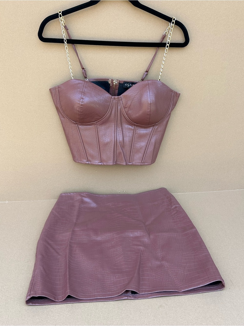 Say What Faux Leather Mini Skirt & Top Set Brown Croc Print Chain Strap Large